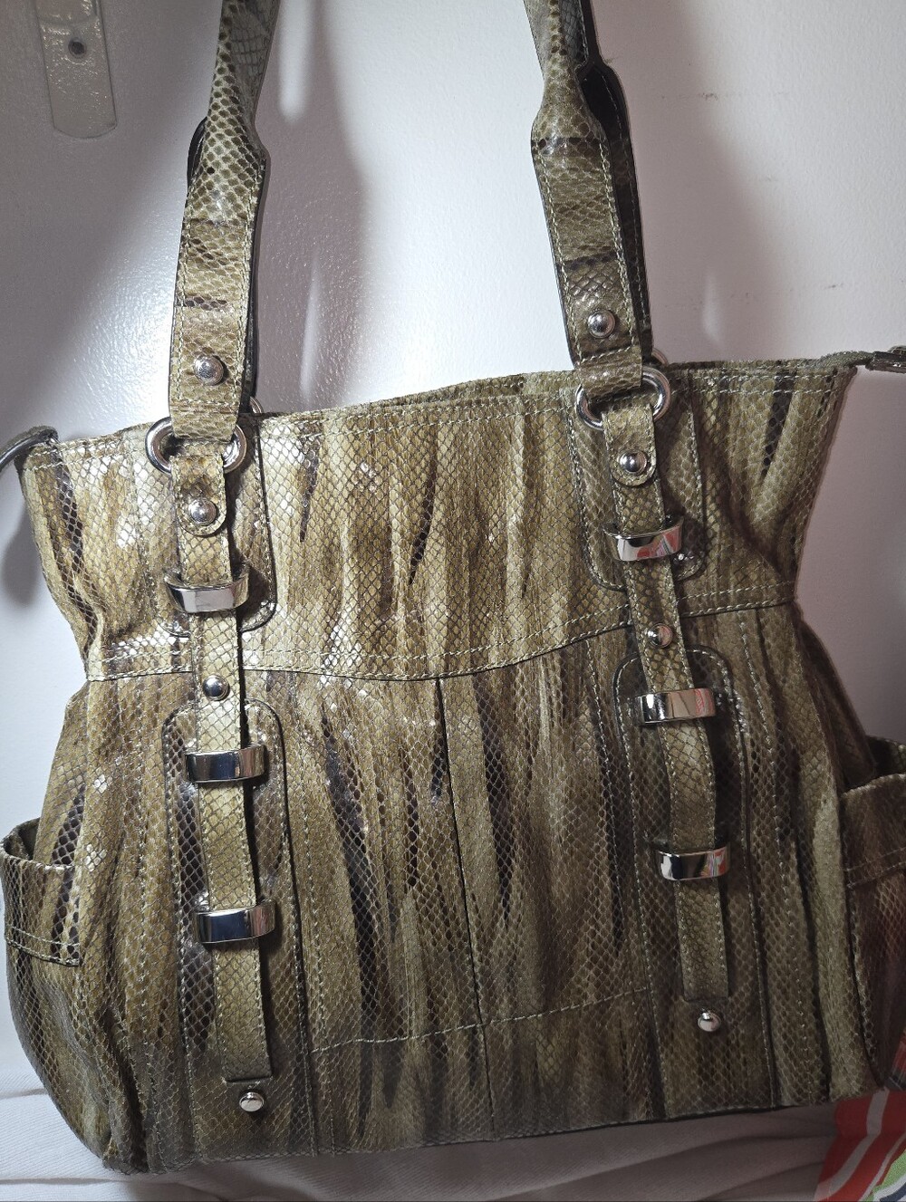 B. MAKOWSKY Olive And Brown Embossed Leather Tote. EUC
